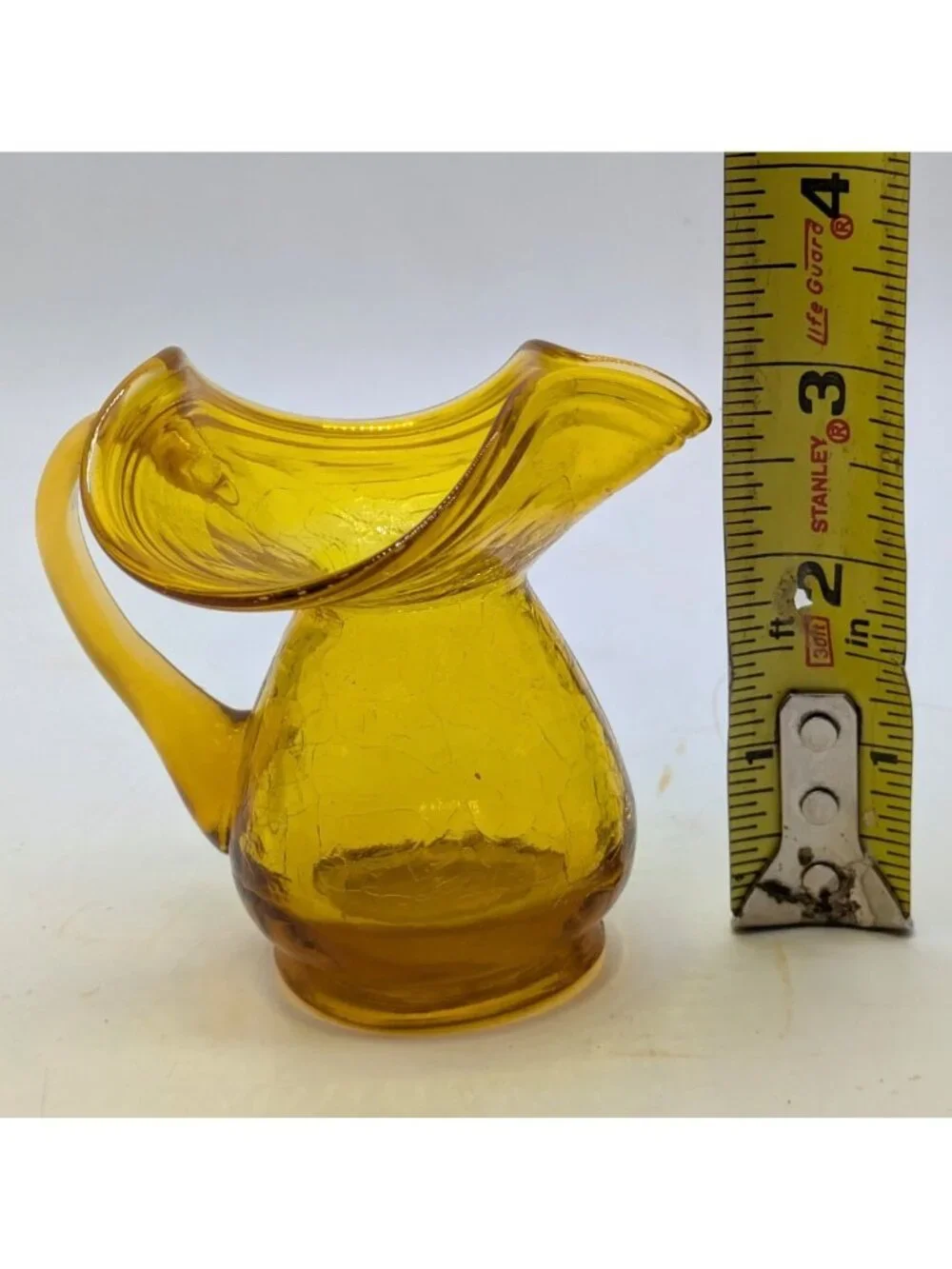 Vintage Hand Blown Crackle Glass Yellow Amber Mini Pitcher Creamer 3